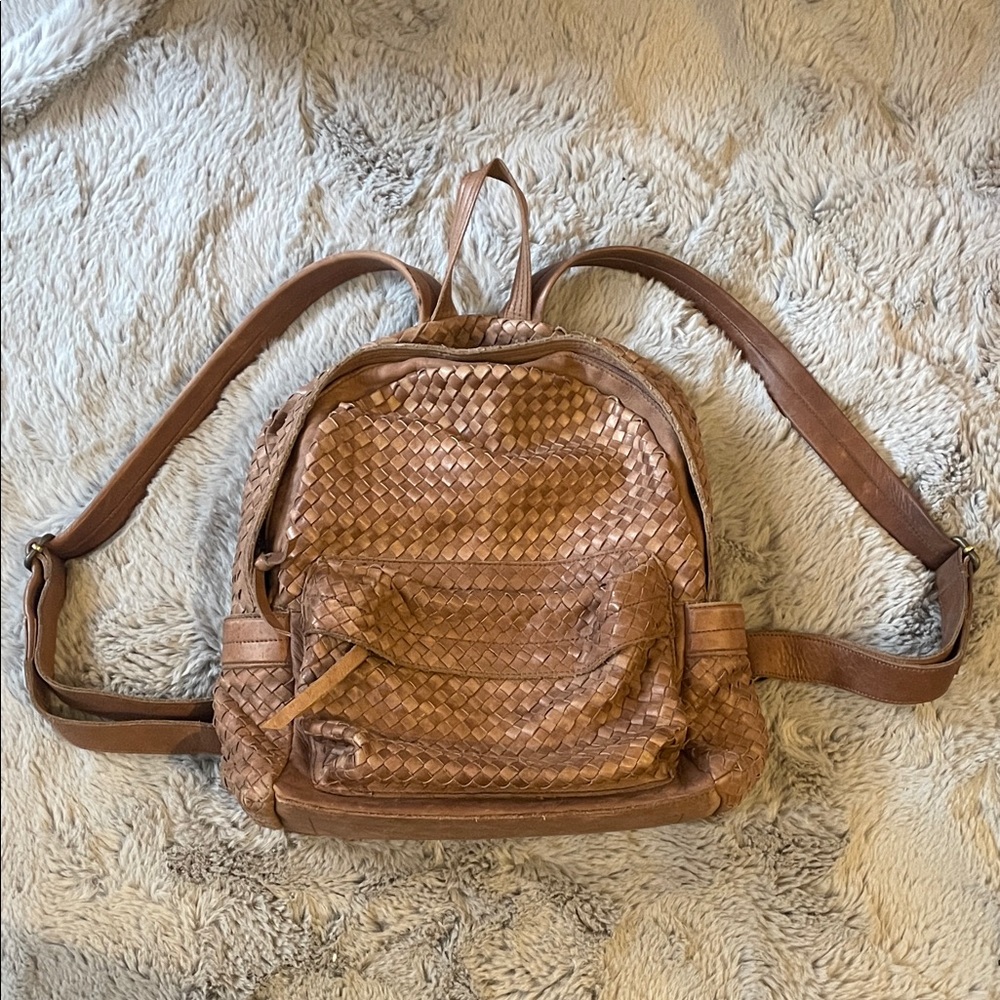 Vintage Valentina Italy Woven Tan Leather Backpack Bottega Style